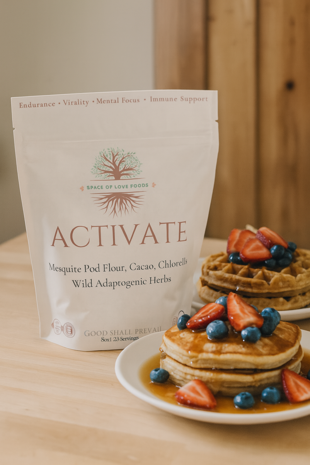Gluten-free adaptogenic pancakes and waffles made with Space of Love Foods Activate blend