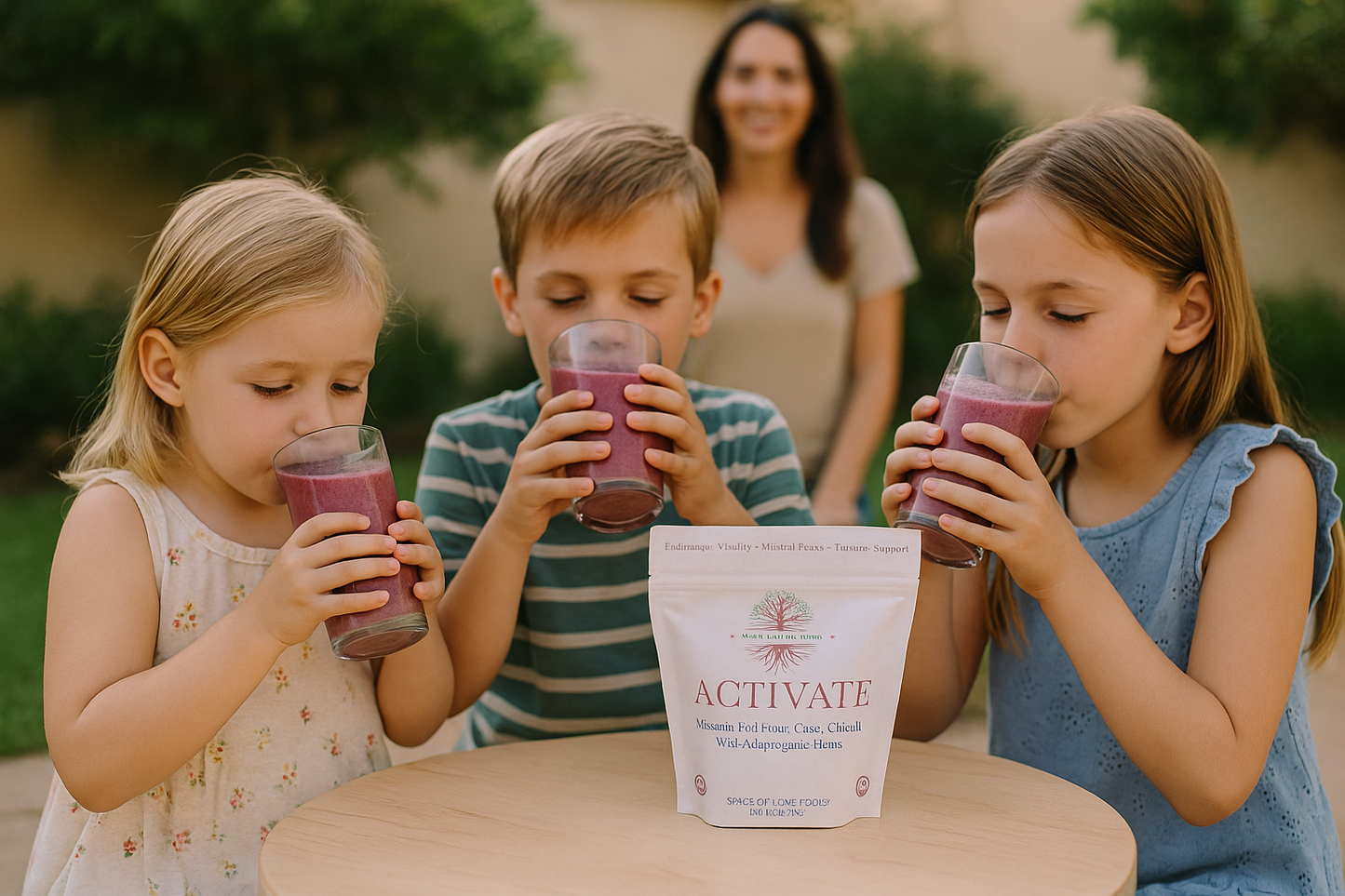 Family enjoying an adaptogenic berry smoothie made with the Activate blend from Space of Love Foods