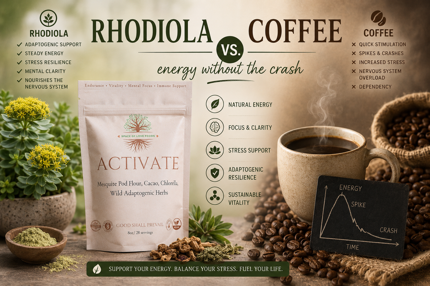 Illustration comparing rhodiola and coffee for energy support, featuring the Activate blend from Space of Love Foods and a coffee crash comparison chart
