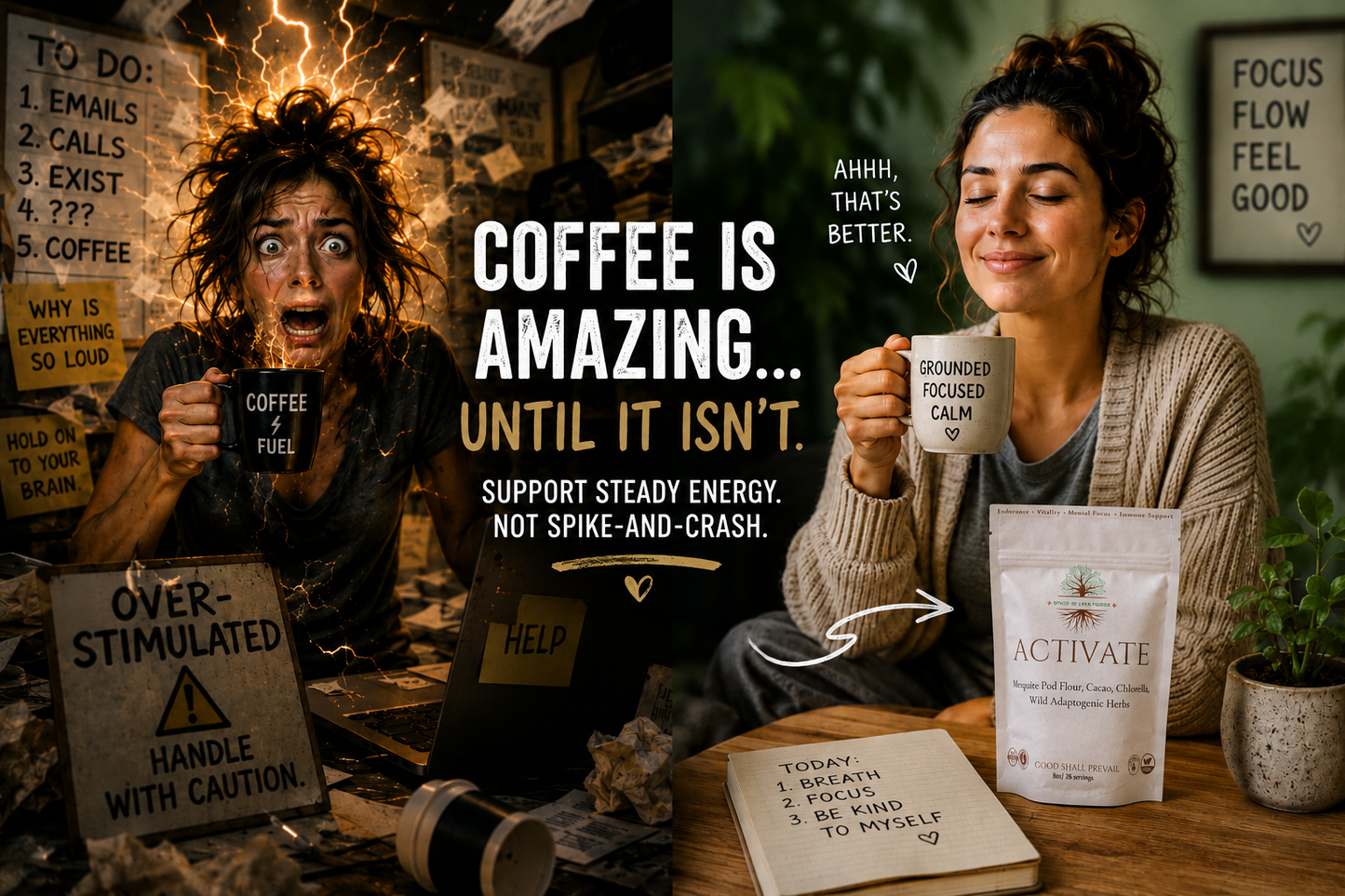 Split-scene illustration showing an overwhelmed coffee drinker on one side and a calm, grounded woman on the other, featuring the Space of Love Foods Activate adaptogenic herbal blend for steady energy and nervous system support.
