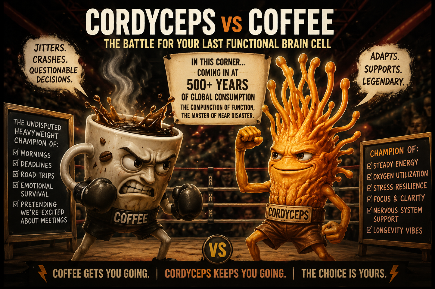 Humorous boxing match illustration comparing coffee and cordyceps mushrooms for energy, focus, nervous system support, and stress resilience.