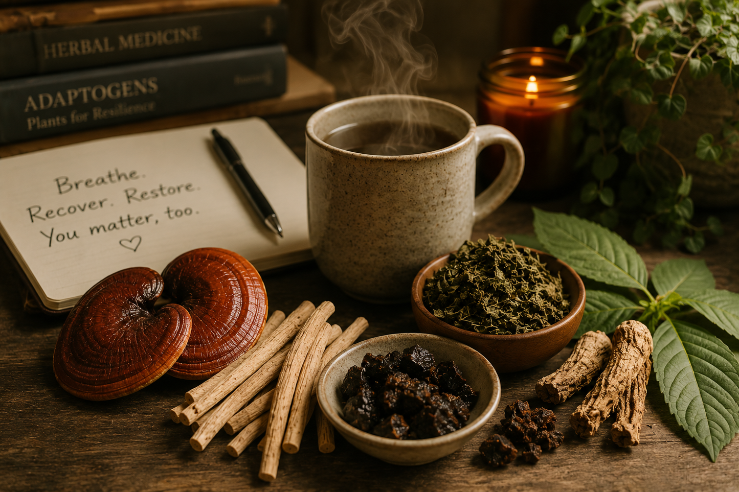 Warm, photorealistic wellness scene featuring reishi mushroom, eleuthero root, gynostemma leaves, shilajit resin, and a steaming mug beside a handwritten note about burnout recovery, stress support, and nervous system restoration.