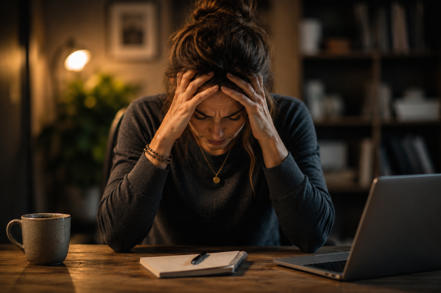 A woman sits at a desk with her head in her hands, reflecting feelings of stress, anxiety, burnout, and mental exhaustion.